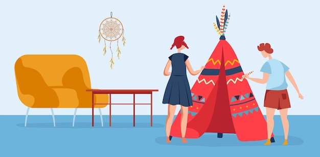 Wigwam in children room vector illustration kid boy girl character play at home design flat child brother sister near teepee tent