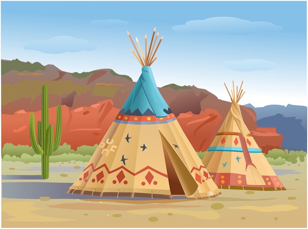 Wigwam and tipi Indians in the mountains of America