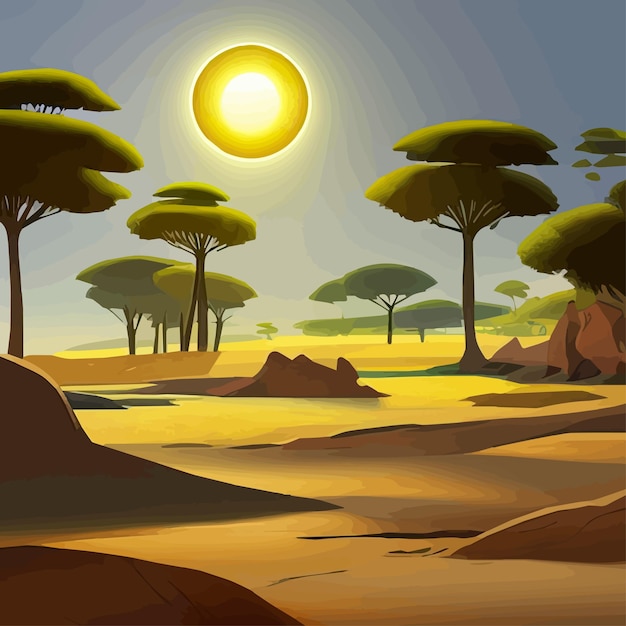 Vector wild africa far horizon landscape scene with sand and plants savannah in the desert african acacia