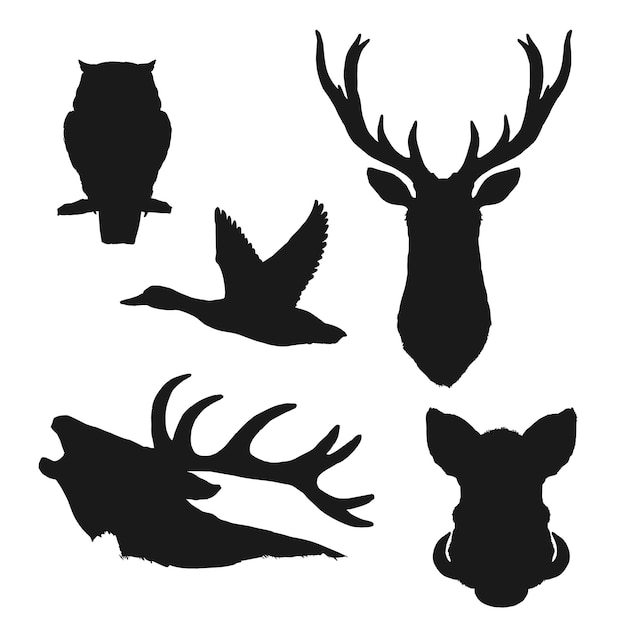 Wild animal and bird isolated black silhouettes