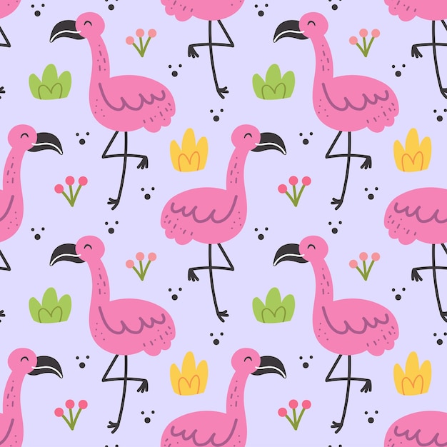 Wild animal childish seamless pattern background wallpaper paper Flamingo bird with herbs