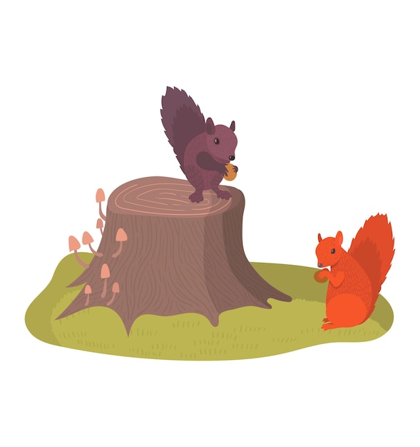 Wild animal little rodent orange squirrel sitting on forest stump concept wildlife beast cartoon vec...