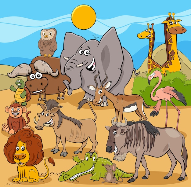 Wild animals cartoon characters group