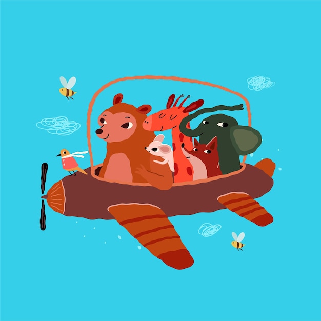 Wild animals Flying in an airplane illustration for kids