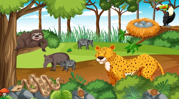 Wild animals in nature forest scene at daytime