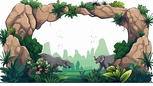 Vector wild animals in rocks and plants frame