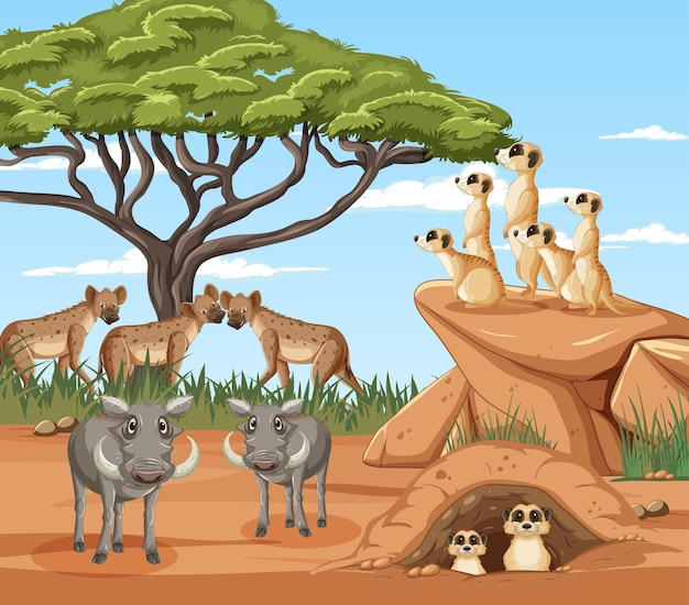 Wild animals in savanna forest scene