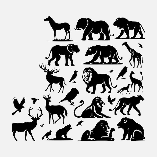 Wild animals silhouettes set African animals silhouettes set Giraffe elephant antelope