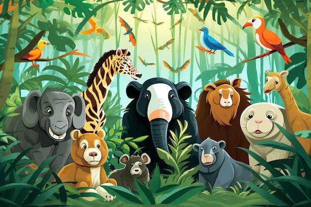 Vector wild animals together in bamboo jungle