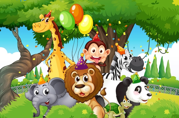 Wild animals with party theme in nature forest background