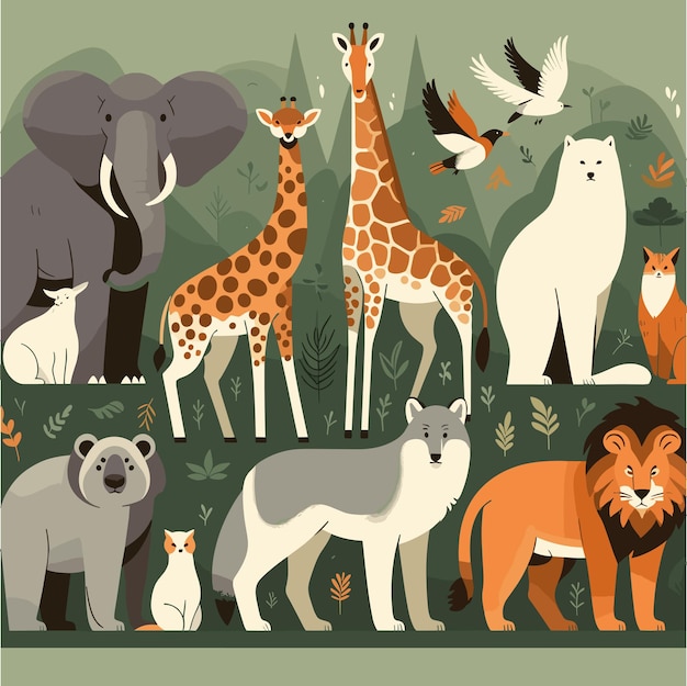 Vector wild animals for world wildlife day animals version flat design style