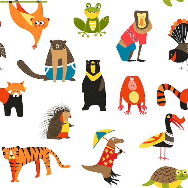 Wild Asian animals and birds seamless pattern wildlife