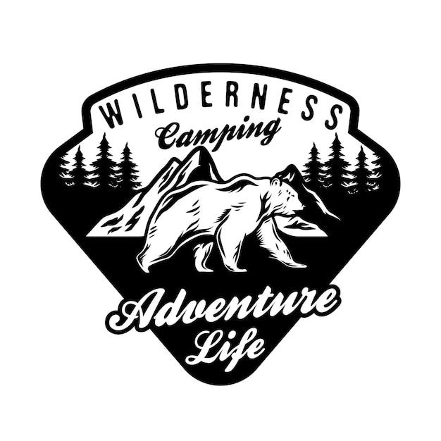 Wild bear adventure camping badge with natural scene