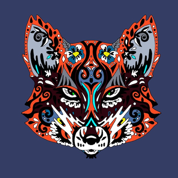 Wild beautiful fox head hand draw on a blue background Color book Fashion in a vector illustration