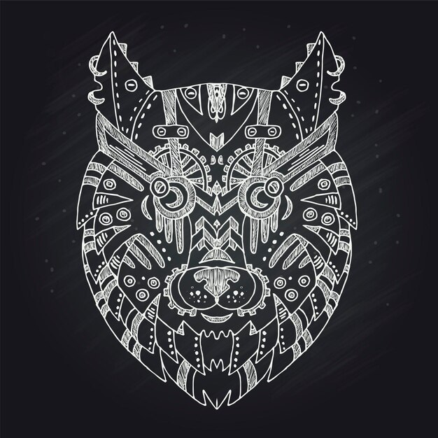 Wild beautiful wolf head hand draw on a chalk background boho american steam punk vector