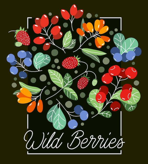 Wild berries fresh and ripe tasty healthy food vector flat style illustration over dark background, delicious vegetation diet eating, organic food.