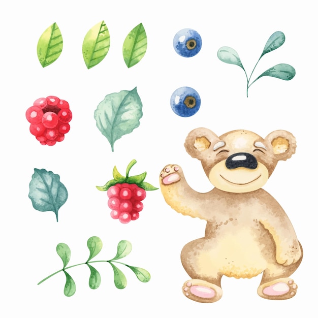 Wild berry collection set isolated on white background Watercolor bear