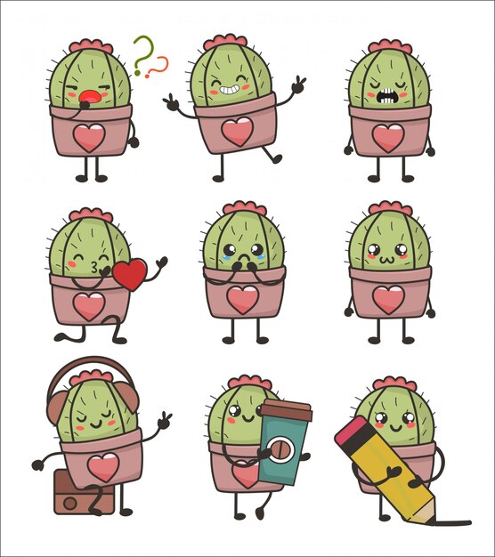 Wild cactus with different facial expression kawaii