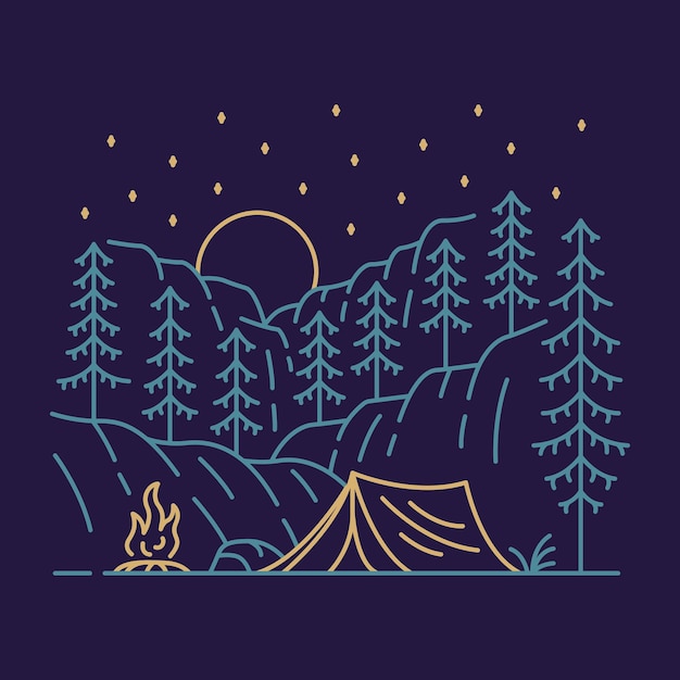 Wild Camping, Tent, Campfire with Forest and Moon Background Illustration for Apparel Design