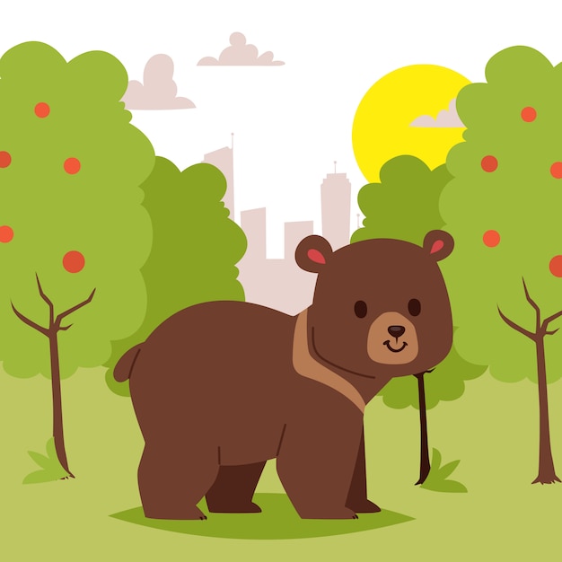 Wild cartoon animal bear walking in green area illustration. Beautiful nature scene. Cute funny Bear