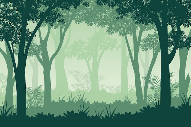 Wild dark jungle forest with silhouettes of trees and bushes nature landscape