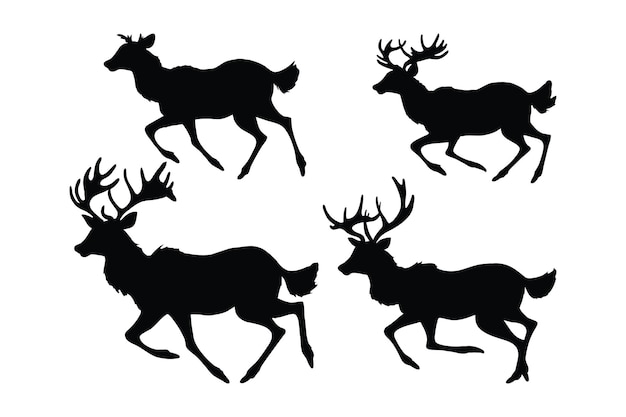 Wild deer vector design on a white background Deer walking and running silhouette bundle design Reindeer running silhouette set vector Buck running in different positions silhouette collection