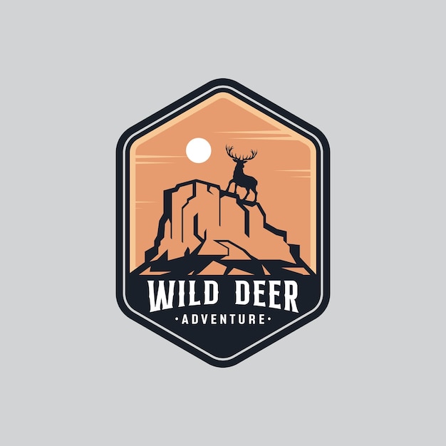 Wild Deer With Mountain Badge Logo Design Premium Vector