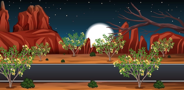 Vector wild desert with long road landscape at night scene