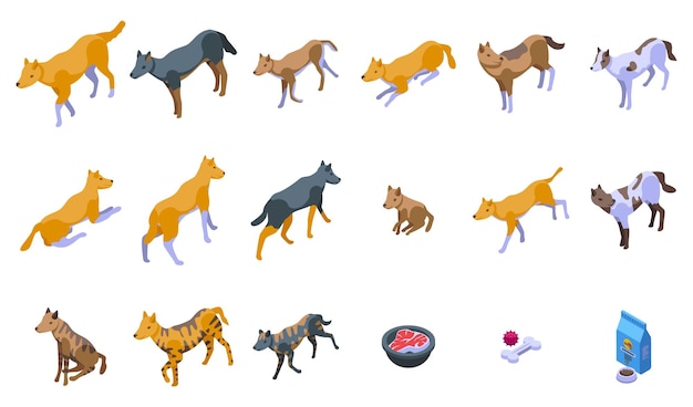 Wild dog dingo icons set isometric vector America pup