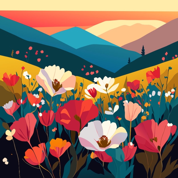 wild flowers covering a hill vector illustration