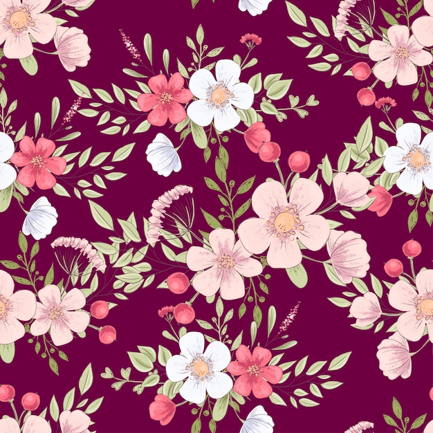 Wild flowers seamless pattern. Hand drawing Vector illustration