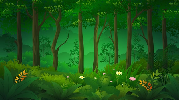 Wild jungle tropical forest nature landscape with green bushes, foliage and exotic plants