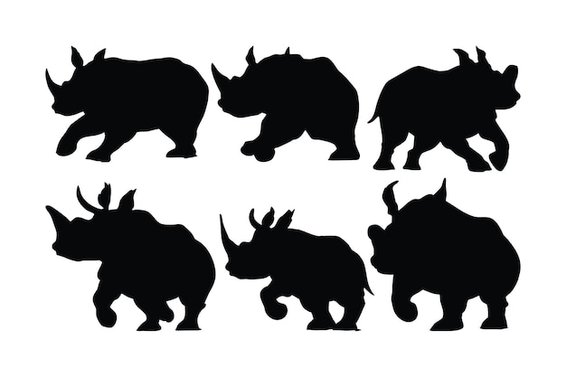 Wild peaceful rhino running in different positions Herbivorous rhino running silhouette on a white background Rhino full body silhouette collection Dangerous rhinoceros silhouette bundle design