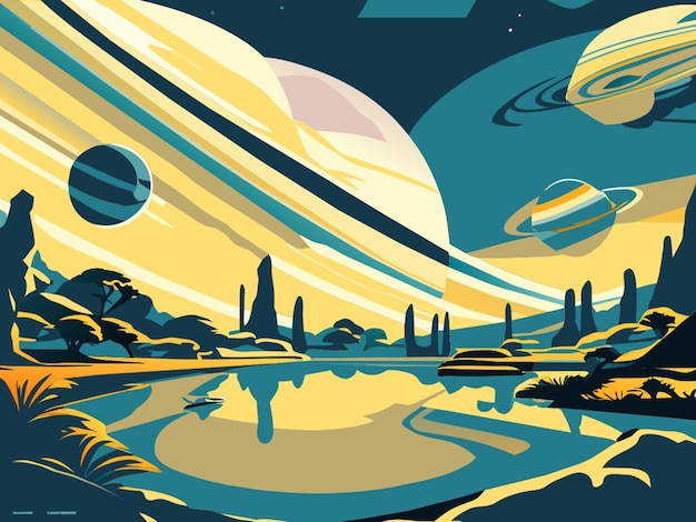 wild planets with river retrofuturism space clouds spaceship launch vector illustration flat 2