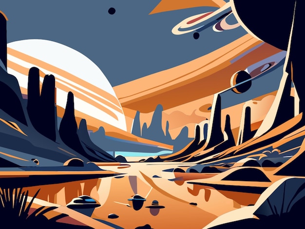 Vector wild planets with river retrofuturism space clouds spaceship launch vector illustration flat 2