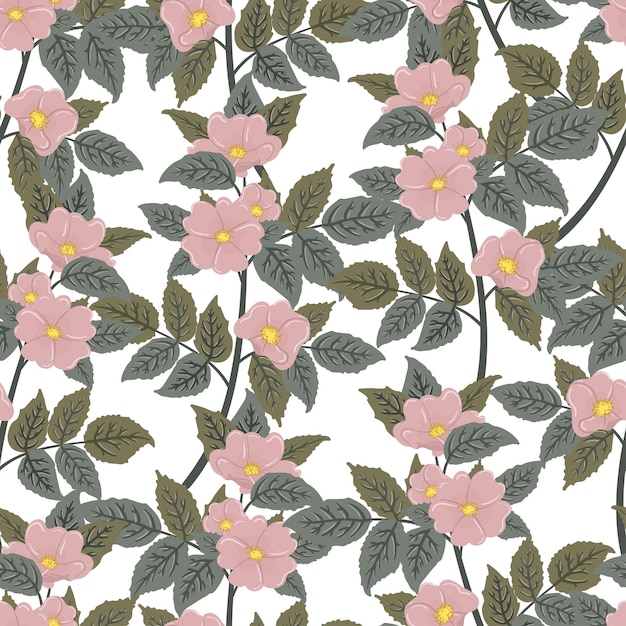 Wild rose leaves and flowers texture Seamless vector pattern briar dogrose eglantine for fabric