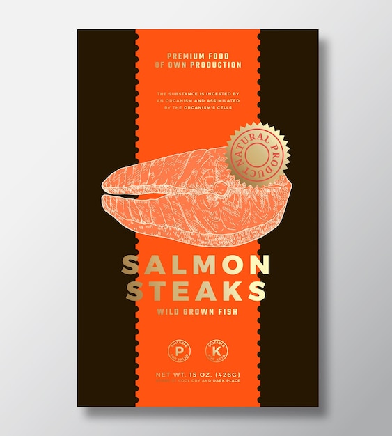 Wild Salmon Steaks Abstract Vector Packaging Label Design Template Modern Typography Banner Hand Drawn Fish Fillet Sketch Silhouette Color Paper Background Layout with Gold Foil Isolated