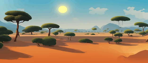 Vector wild savanna landscape savannah wild african nature with trees grass sand and animals africa