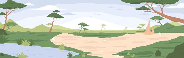 Vector wild savannah landscape. savanna background, wild african nature with acacia trees, grass, sand and water. africa scenery panorama. kenya national park, panoramic view. flat vector illustration