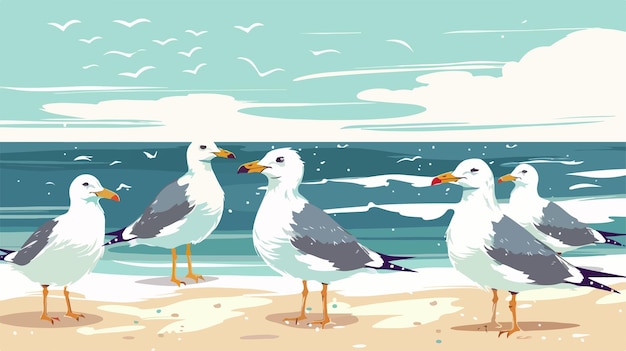 Vector wild sea gulls on beach flat vector illustration