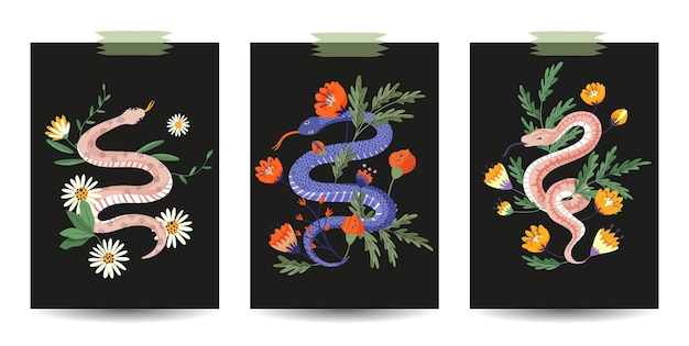 Wild snake nature card poster print set Mystery floral flower reptile drawing witchcraft cartoon