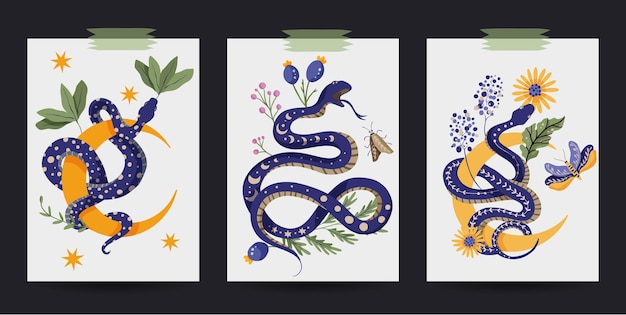 Wild snake nature card poster print set Mystery floral flower reptile drawing witchcraft ornament