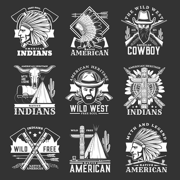 Wild West icons and western symbols of isolated vector cowboy, sheriff and native american chief. Wild West bandit, gun, bandana and hat, Texas cactus, bull skull, feather headdress, arrow and teepee