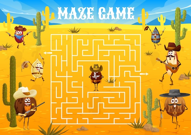 Wild west labyrinth maze with cartoon cowboy nuts