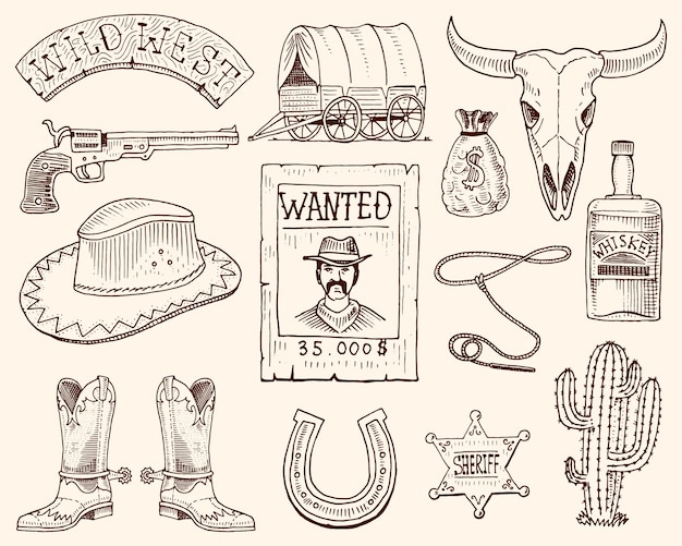 Wild west rodeo show cowboy or indians with lasso hat and gun cactus with sheriff star and bison boot with horseshoe and wanted poster engraved hand drawn in old sketch or and vintage style