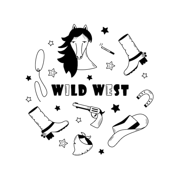 Wild West set of vector illustrations Cowboy western elements of doodle Horse head horseshoe pistol lasso boots and hat