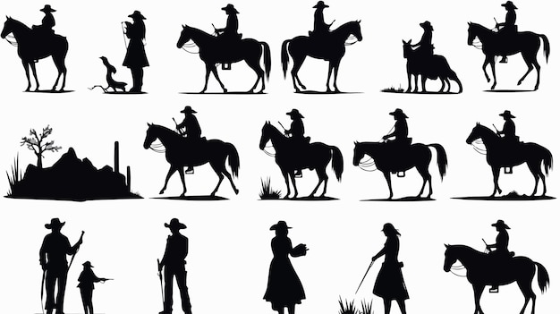 Vector wild west silhouettes cowboys cowgirls cactus