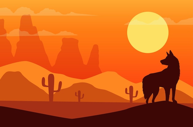 Wild west sunset scene with dog silhouette