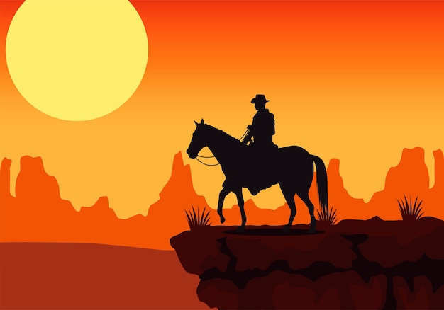 Wild west sunset scene with horse and cowboy in the desert