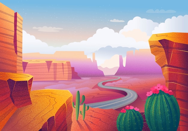 Wild west Texas. Landscape with red mountains, cactus, road and clouds.  illustration .